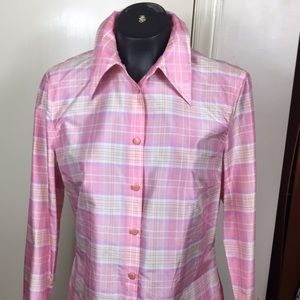 Escada Pink & White Plaid Silk Blouse Sz 38